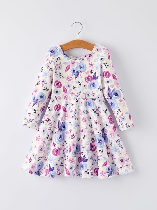 Purple Floral Baby Girl Dress with Long Sleeves
