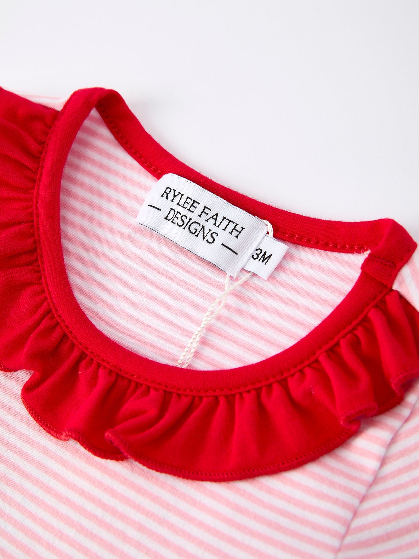 Christmas Candy Cane Embroidery Striped Baby Girl Romper with Pocket Ruffles