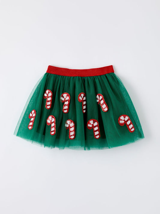 Christmas Candy Cane Sequin Applique Green Tulle Skirt