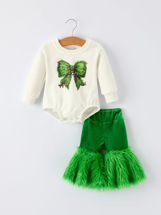 Christmas Bow Print Baby Romper with Green Furry Bell Bottoms