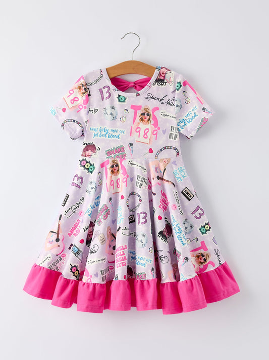Purple TS Print Ruffle Girls' Short Sleeve Dress