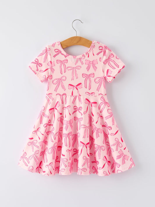 Girls Pink Dress with Bow Pattern - Cute Short Sleeve Outfit