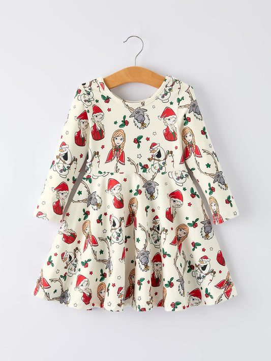 Christmas Girls Long Sleeve Dress with Character & Reindeer Print