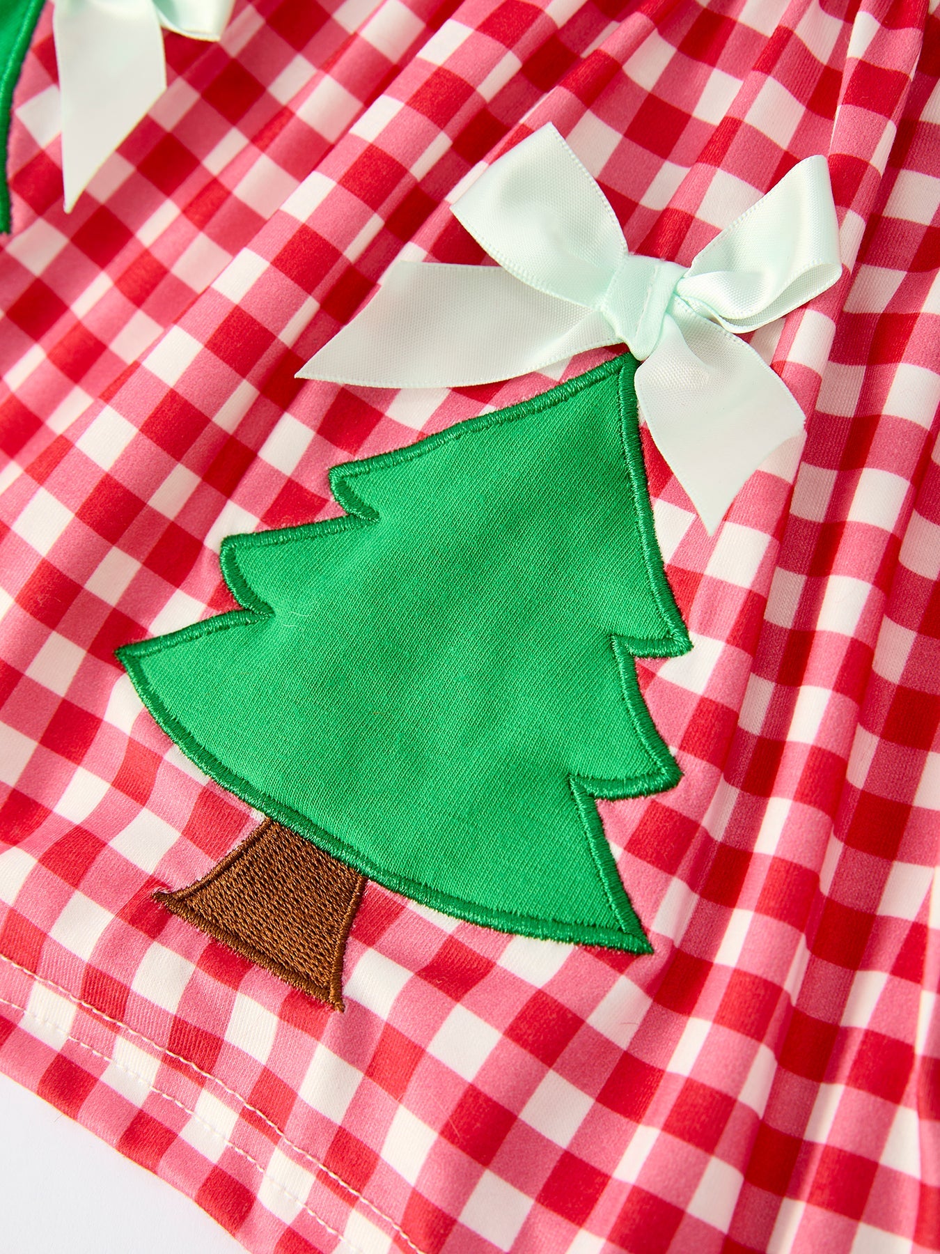 Christmas Tree Applique Red Plaid Top with Green Bell Bottom Pants Girls Set