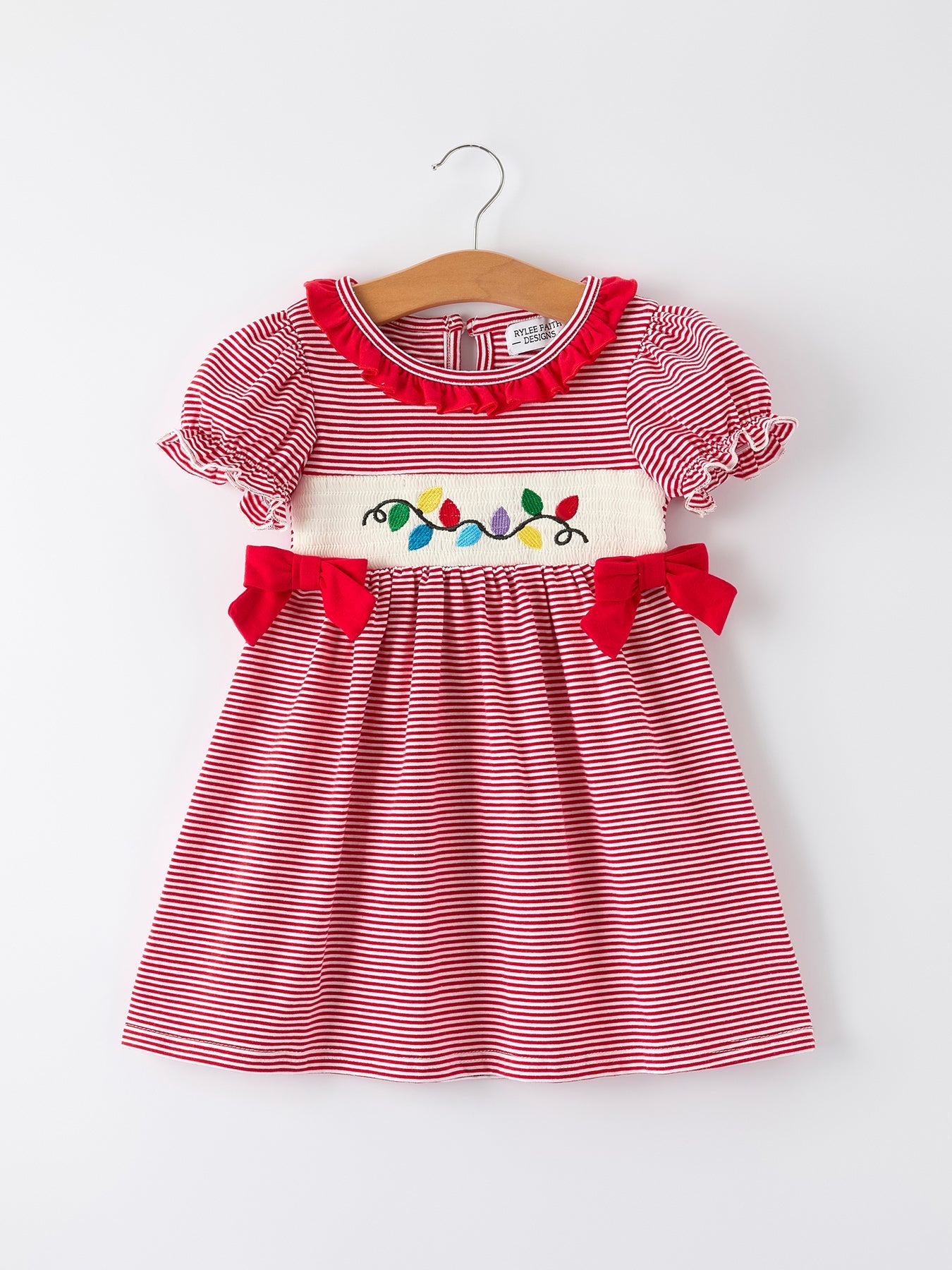 PREORDER Holiday Girls Dress with Embroidered Christmas Lights and Red Bow Details