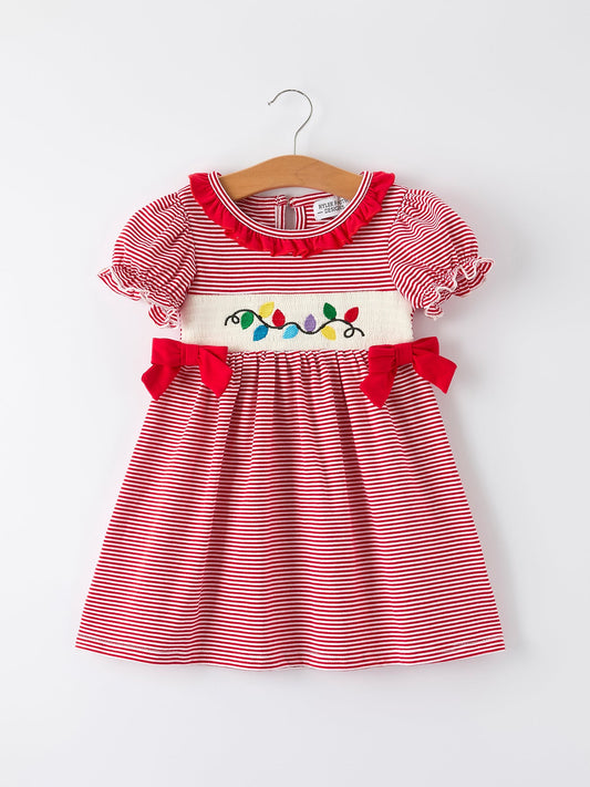 PREORDER Holiday Girls Dress with Embroidered Christmas Lights and Red Bow Details