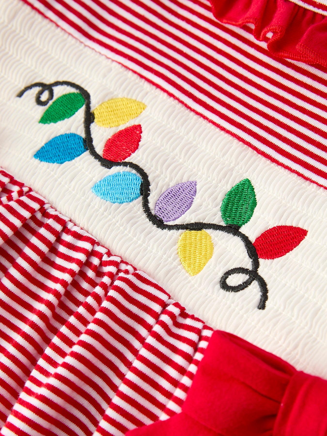 PREORDER Holiday Girls Dress with Embroidered Christmas Lights and Red Bow Details