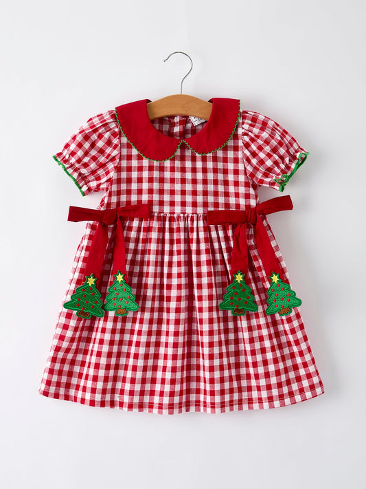 Girls Christmas Outfit – Red Plaid Dress with Tree Bow Accents