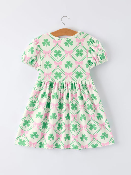 St. Patrick's Day Bow Shamrock Print Short Sleeves Girls Dress