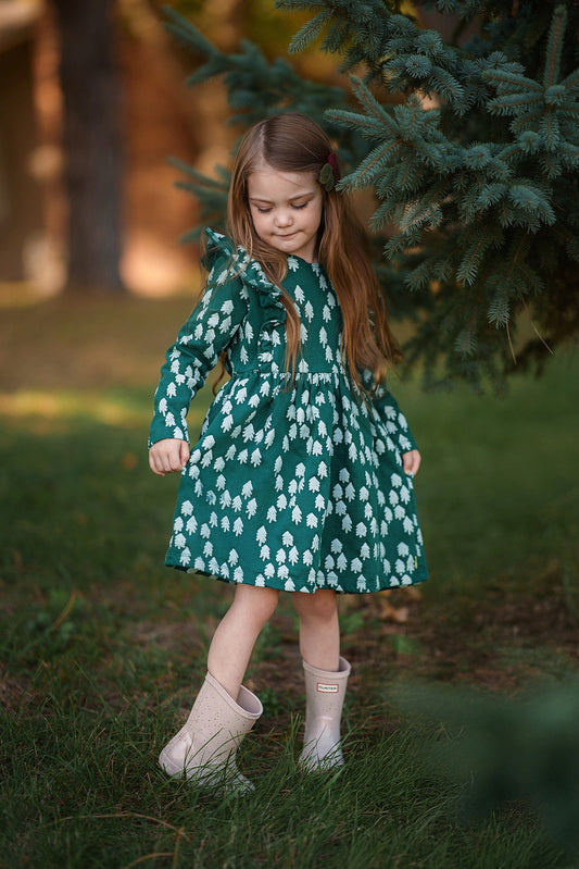 Recycled Cotton Snowy Pine Ruffle Dress