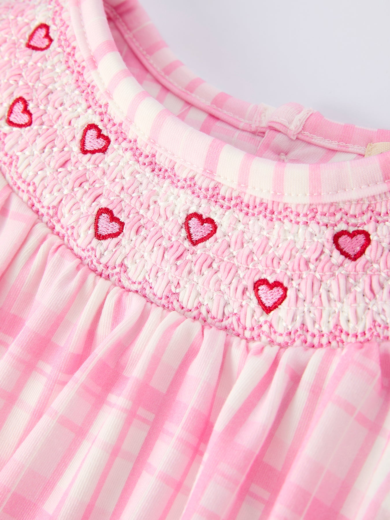 Valentine's Day Pink Plaid Smocked Heart Embroidery Girls Romper