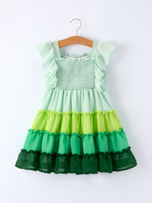 St. Patrick's Day Ombre Ruffle Dress for Girls – Green Gradient Layers