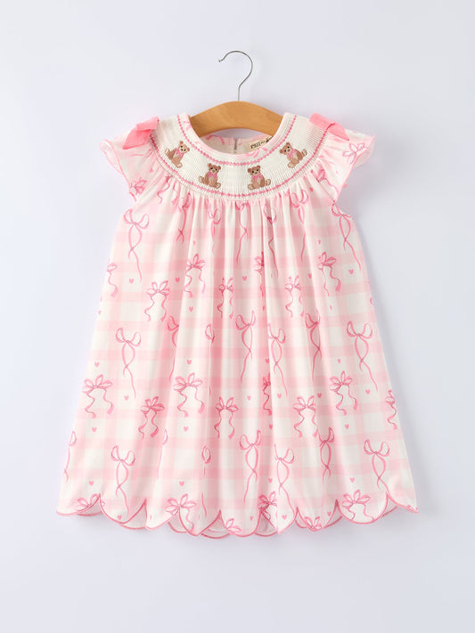 Spring Pink Bow Teddy Smocked Girl Dress