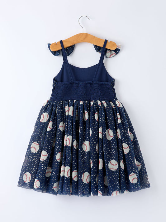 Baseball Theme Sleeveless Bow Strap Girls Dress