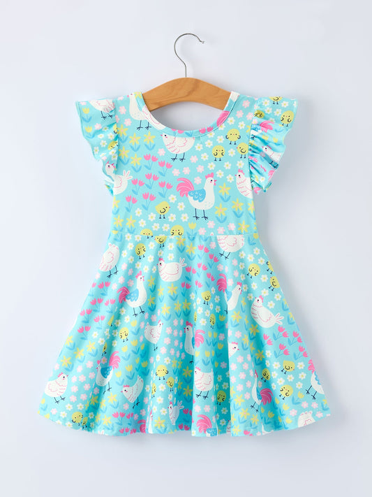 Aqua Spring Chicken Floral Farm Print Girls Dress