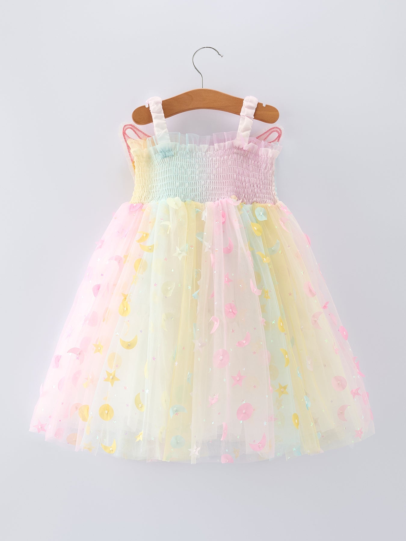 Pastel Rainbow Sequin Tulle Party Fairy Wing Girls Dress