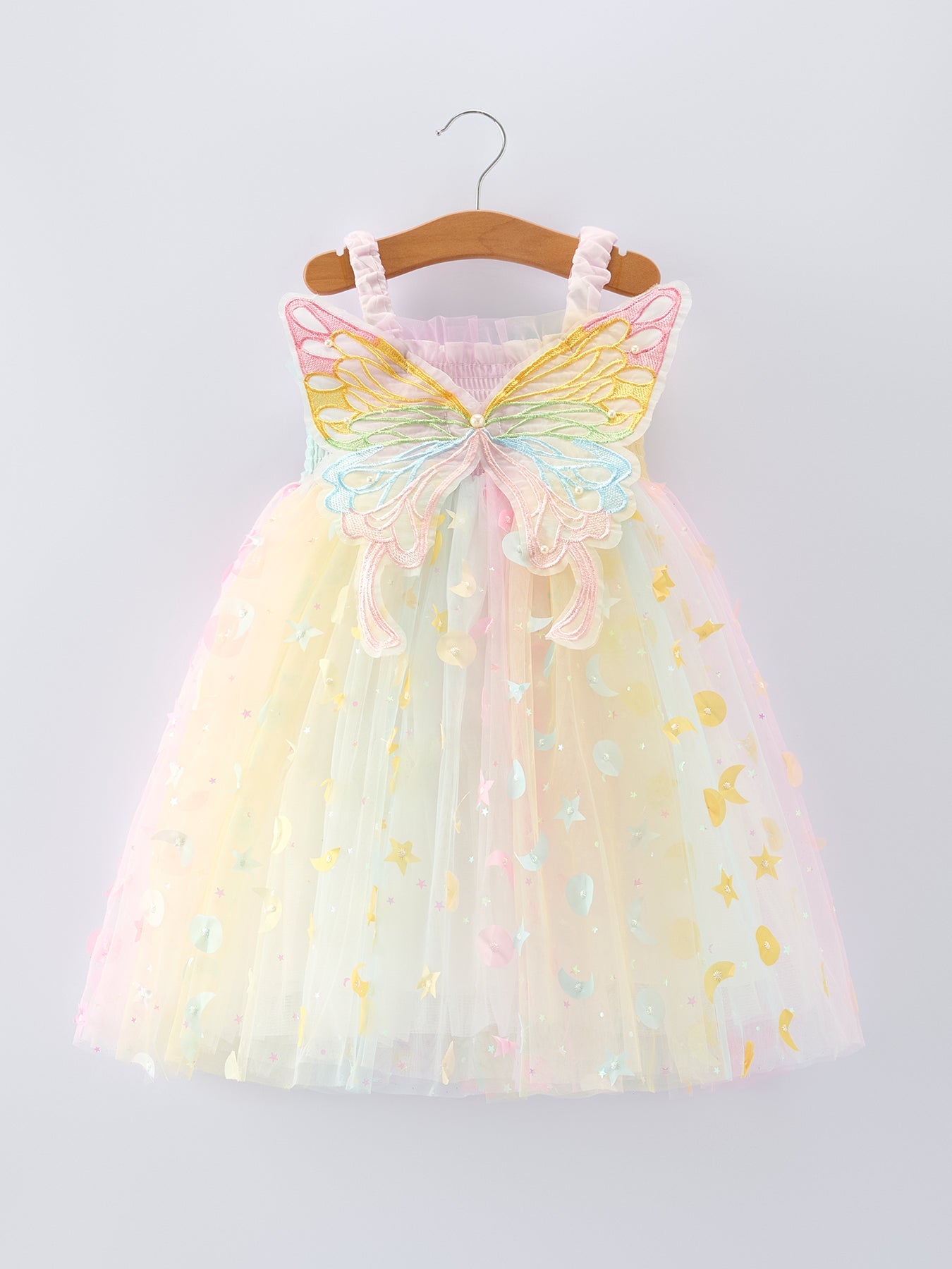Pastel Rainbow Sequin Tulle Party Fairy Wing Girls Dress