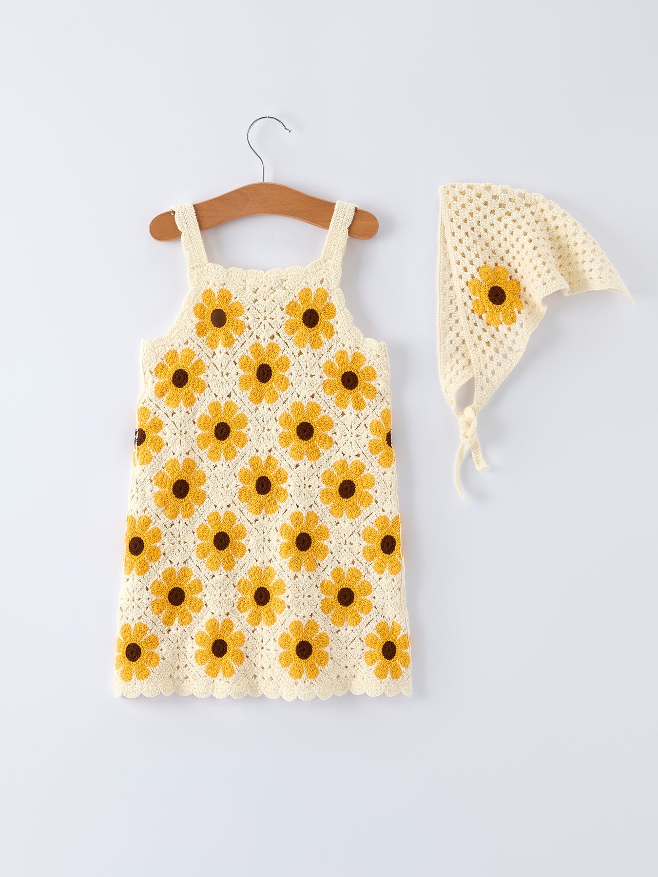 Summer Crochet Sunflower Girl Dress with Headscarf