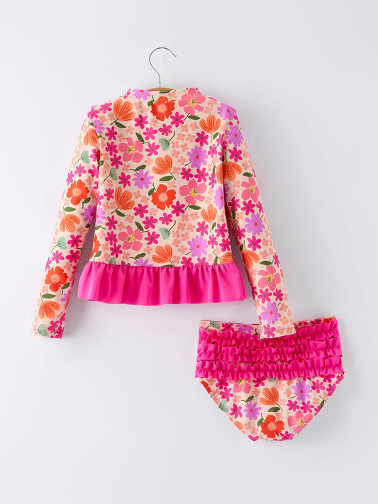 Summer Floral Ruffle Long Sleeve Girl Swimwear Set