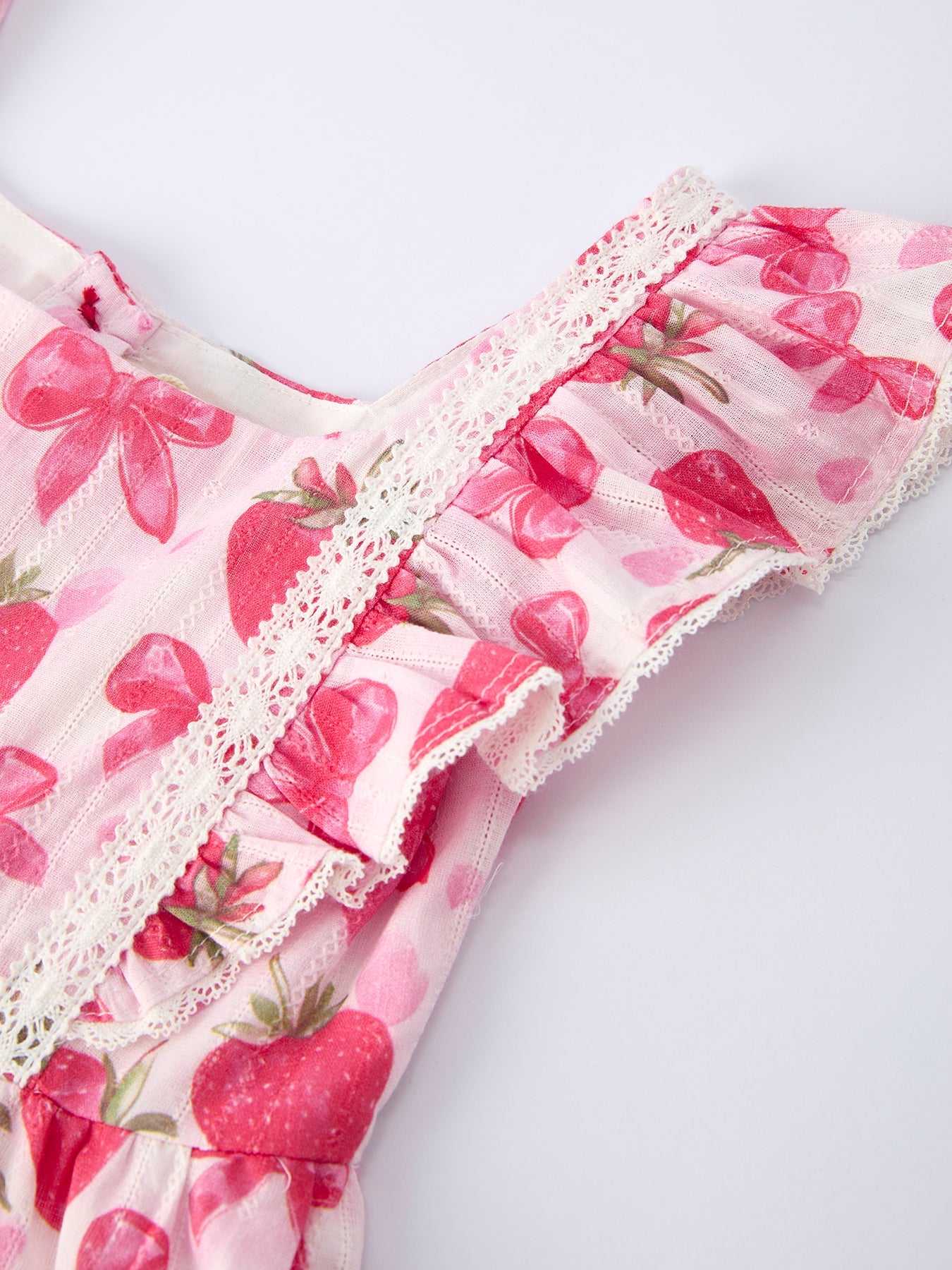 Spring Strawberry Bow Print Girls' Dress