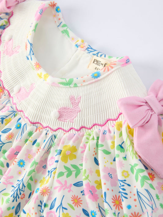 Easter Bunny Embroidered Pom-Pom Short-Sleeved  Girls Dress