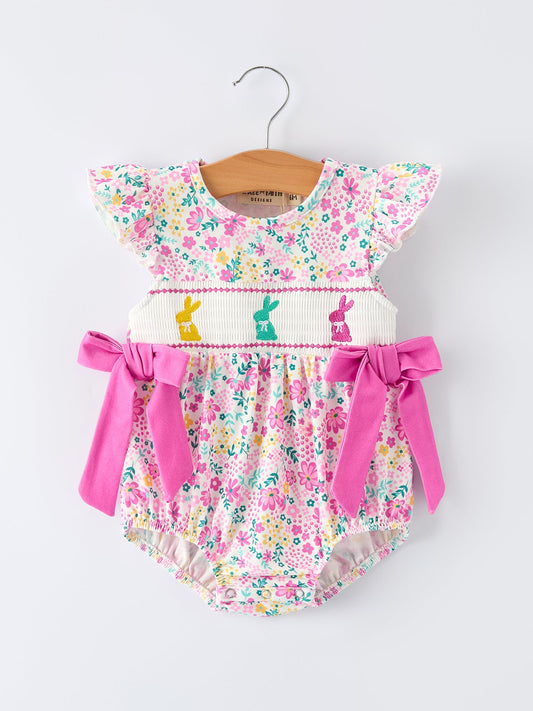 Easter Colorful Floral Bunny Bow Smocking Embroidery Baby Girl Romper