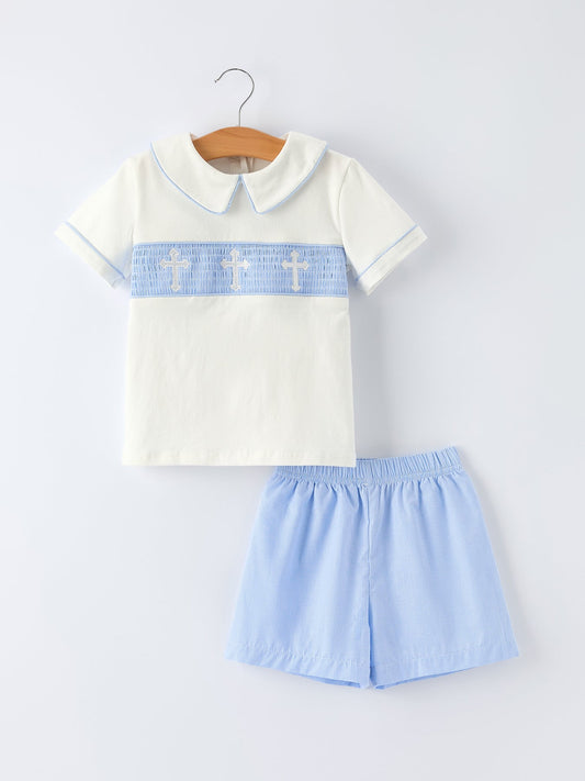 Blue Smocked Church Christ Bishop Christening Toddler Boys'Set