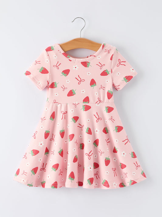 Strawberry Bow Girls Short Sleeves Dress