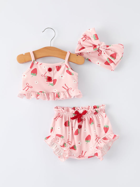 Strawberry Bow Baby Girls Short Sleeves Bloomer Set