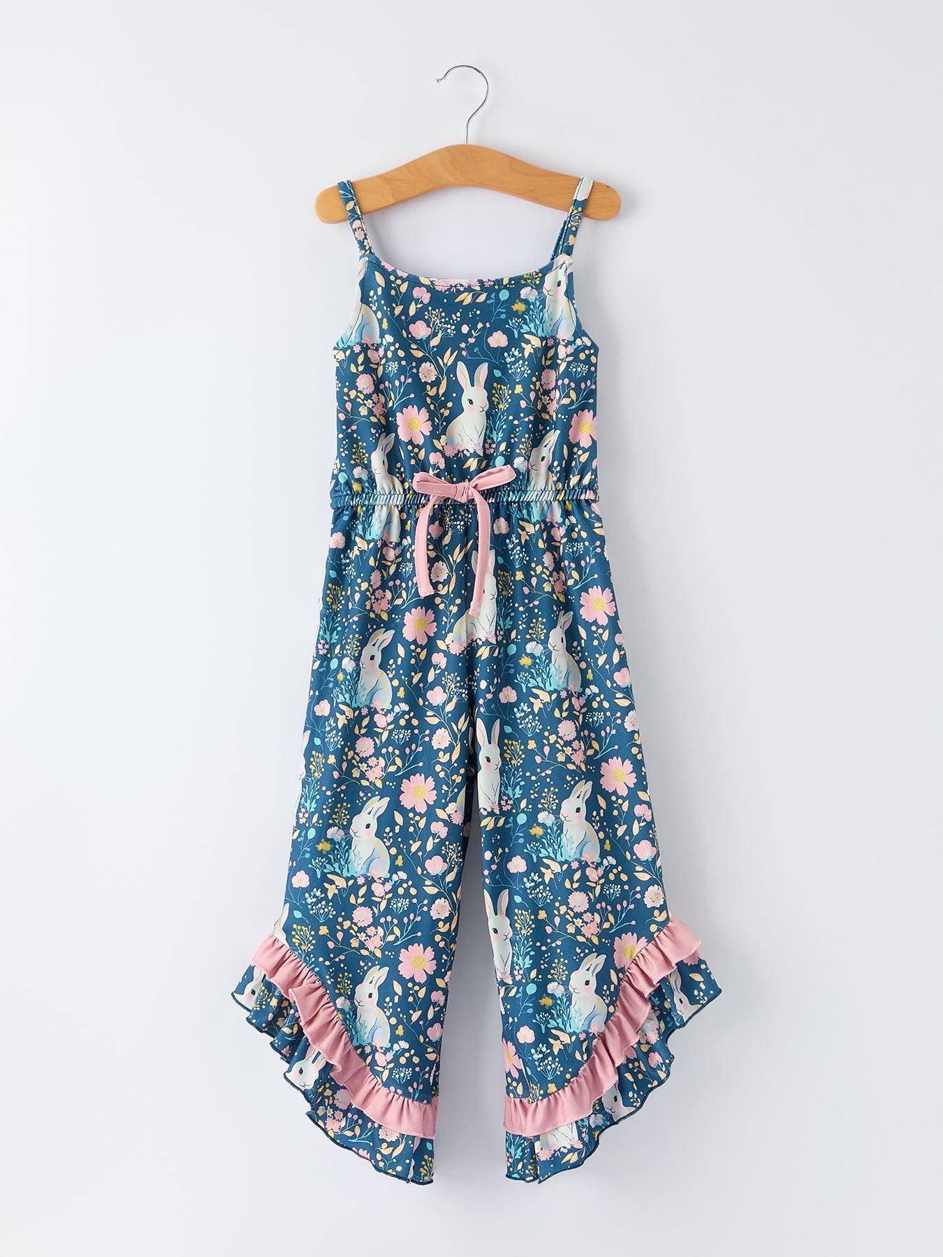 Summer Bunny Floral Girls Bow Ruffle Bell Bottom Jumpsuit