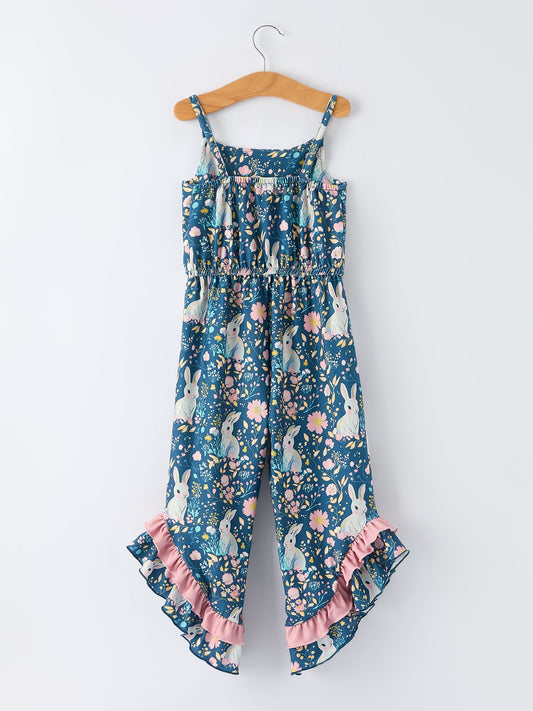 Summer Bunny Floral Girls Bow Ruffle Bell Bottom Jumpsuit
