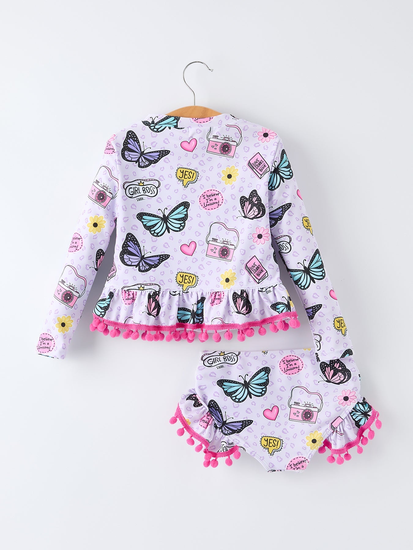 Girls Butterfly Long Sleeve Ruffle Swimsuit Set