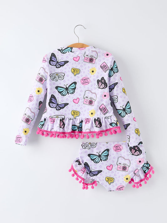 Girls Butterfly Long Sleeve Ruffle Swimsuit Set