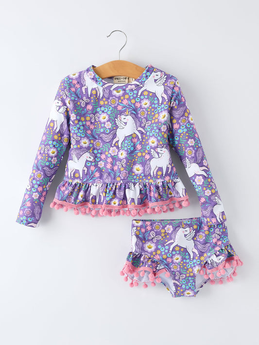 Girls Unicorn Long Sleeve Ruffle Swimsuit Set