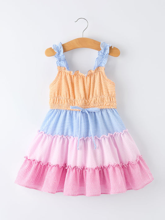 Colorblock Gingham Girls Ruffle Dress
