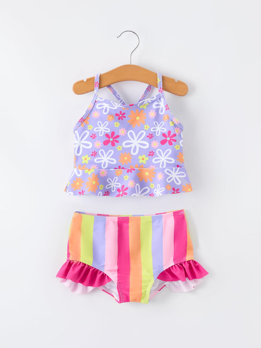 Summer Rainbow Striped Girls Two Piece Swimsuit