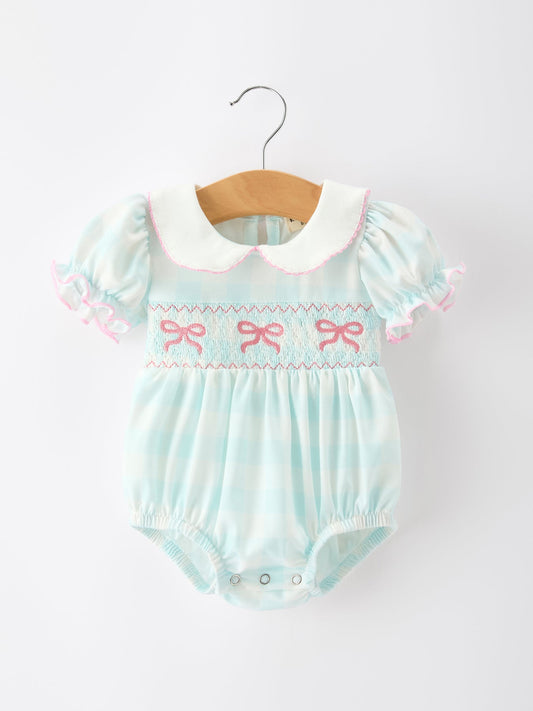 Spring Plaid Bow Girls Romper Smocked Petals Collar Puff Sleeve