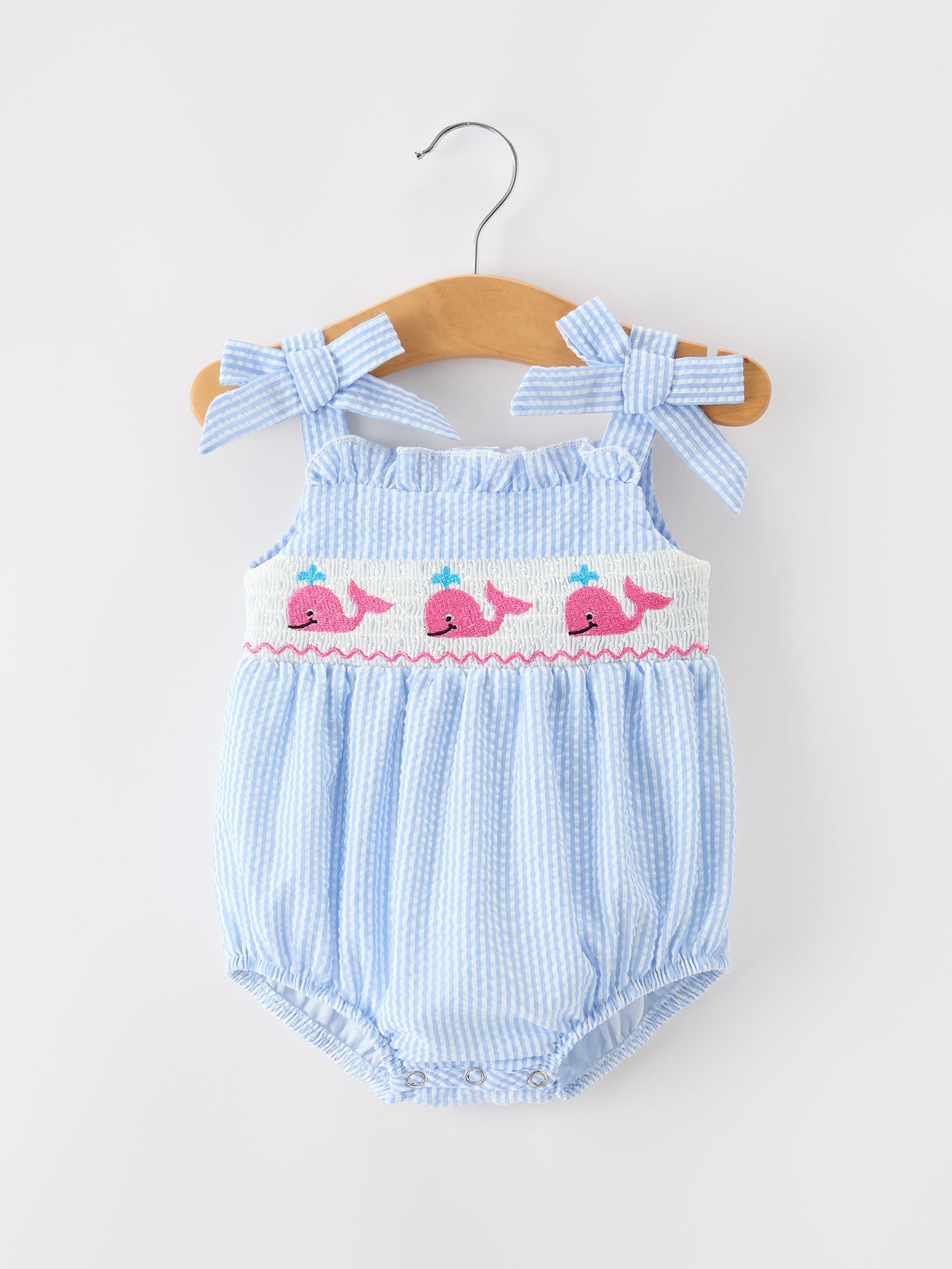 Whale Embroidered Smocked Seersucker Baby Girl Romper Bow