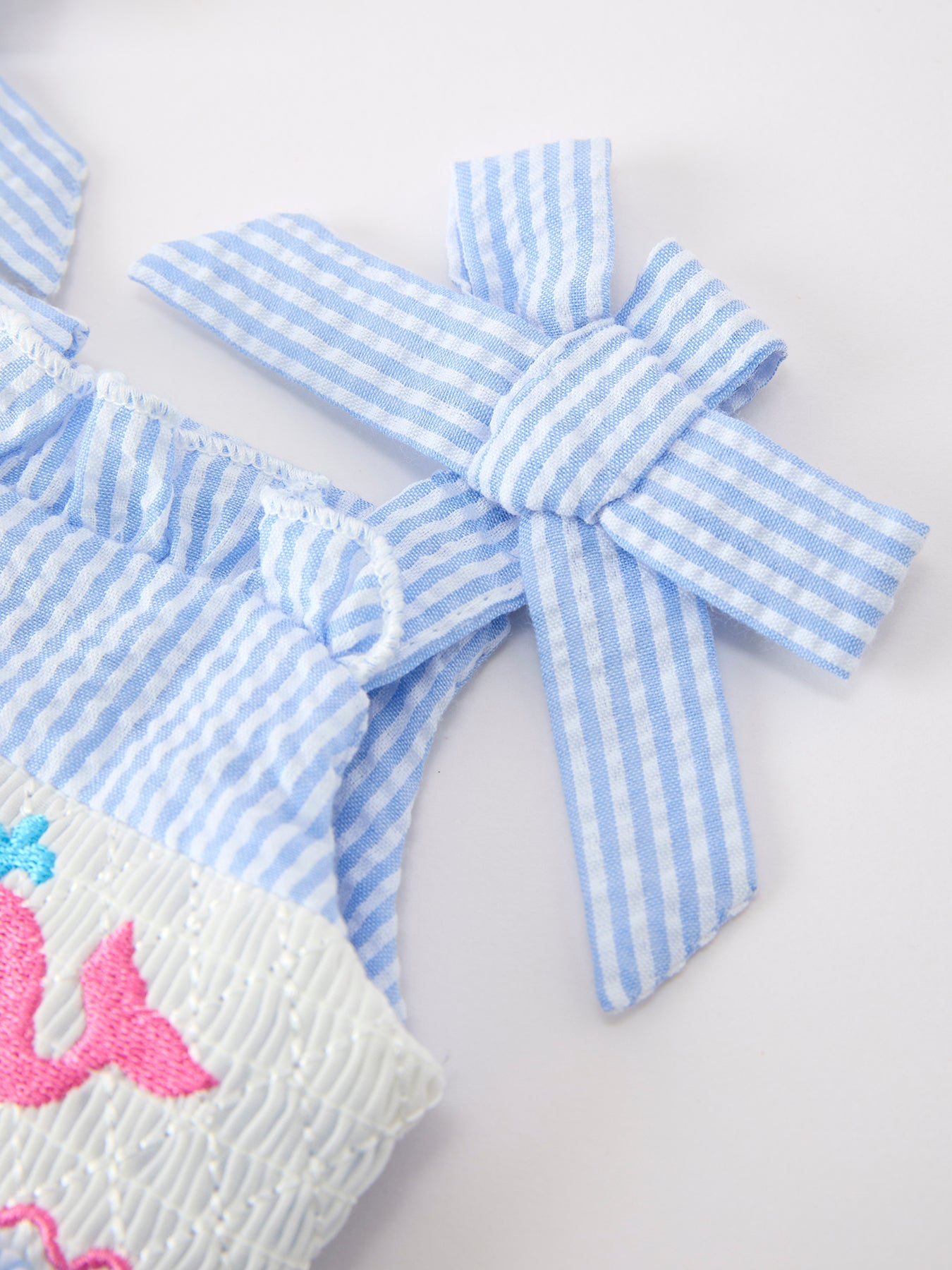 Whale Embroidered Smocked Seersucker Baby Girl Romper Bow