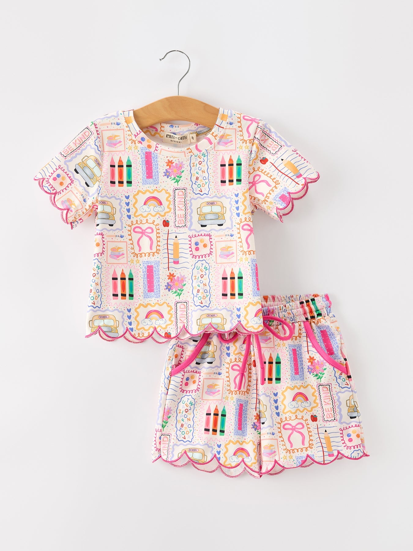 Back to School Print Girl Short Set Scallop Hem