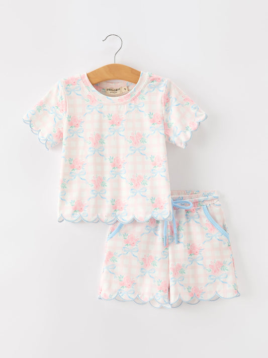 Bow Floral Girl Short Set Scallop Hem- preorder