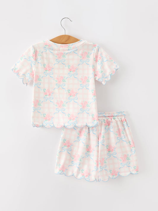 Bow Floral Girl Short Set Scallop Hem- preorder