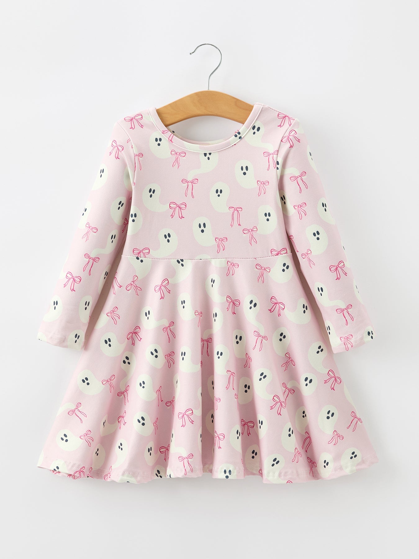 Halloween Ghost Bow Print Girls Long Sleeve Twirl Dress