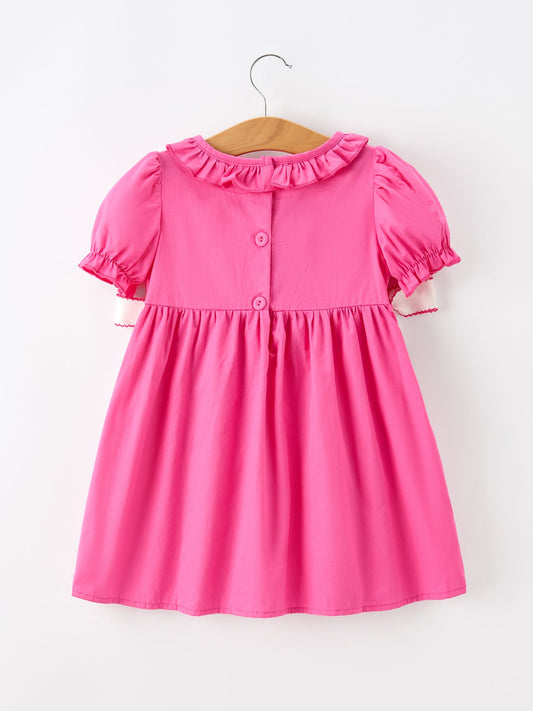 Girl Hot Pink Ruffle Smocked Embroidery Dress