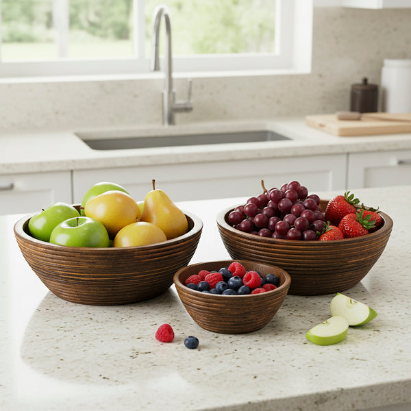 Cascade Handcarved Mango Wood Nested Bowls – Set of 3