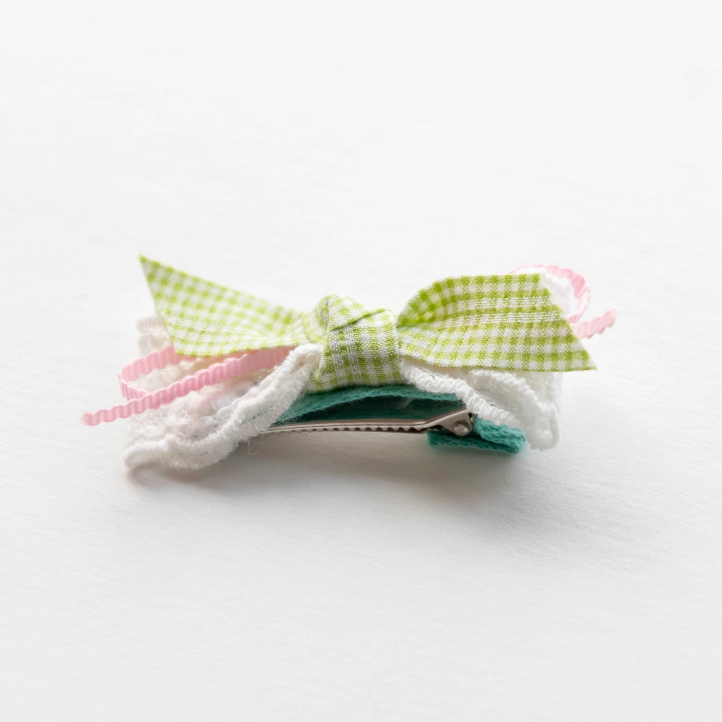 Heart and Checkered Ribbon Hair Clip - Green & Pink