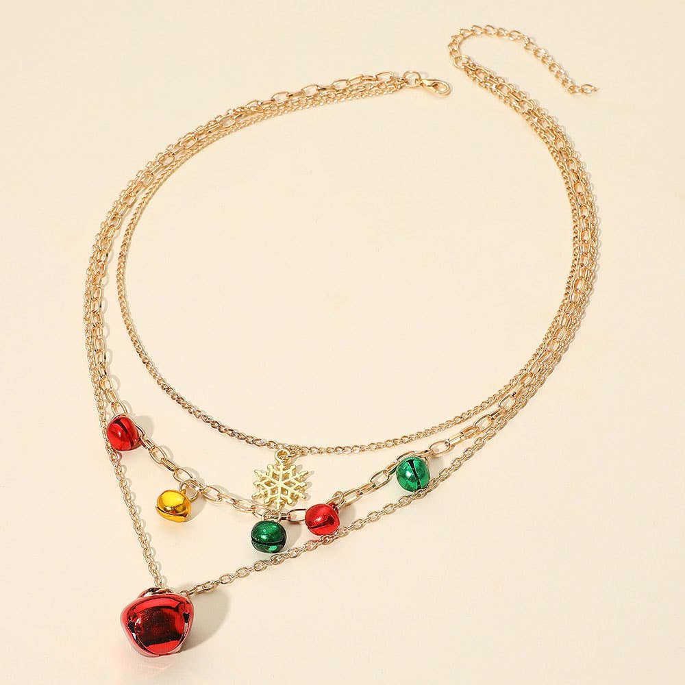 Holiday Snowflake Jingle Bell Charm Accent Layered Necklaces