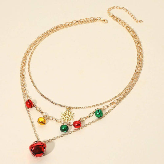 Holiday Snowflake Jingle Bell Charm Accent Layered Necklaces