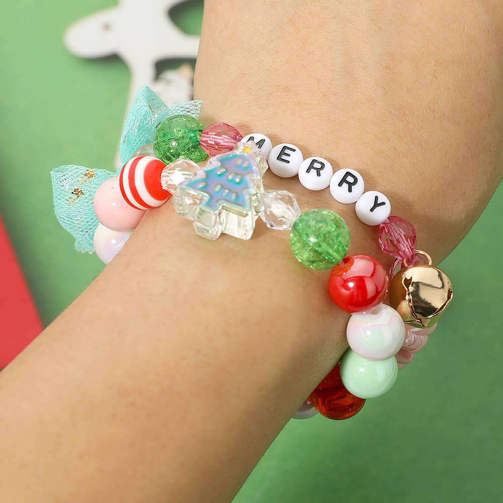 MERRY Star Christmas Tree Bow Beaded Stretch Multi Layered Bracelets