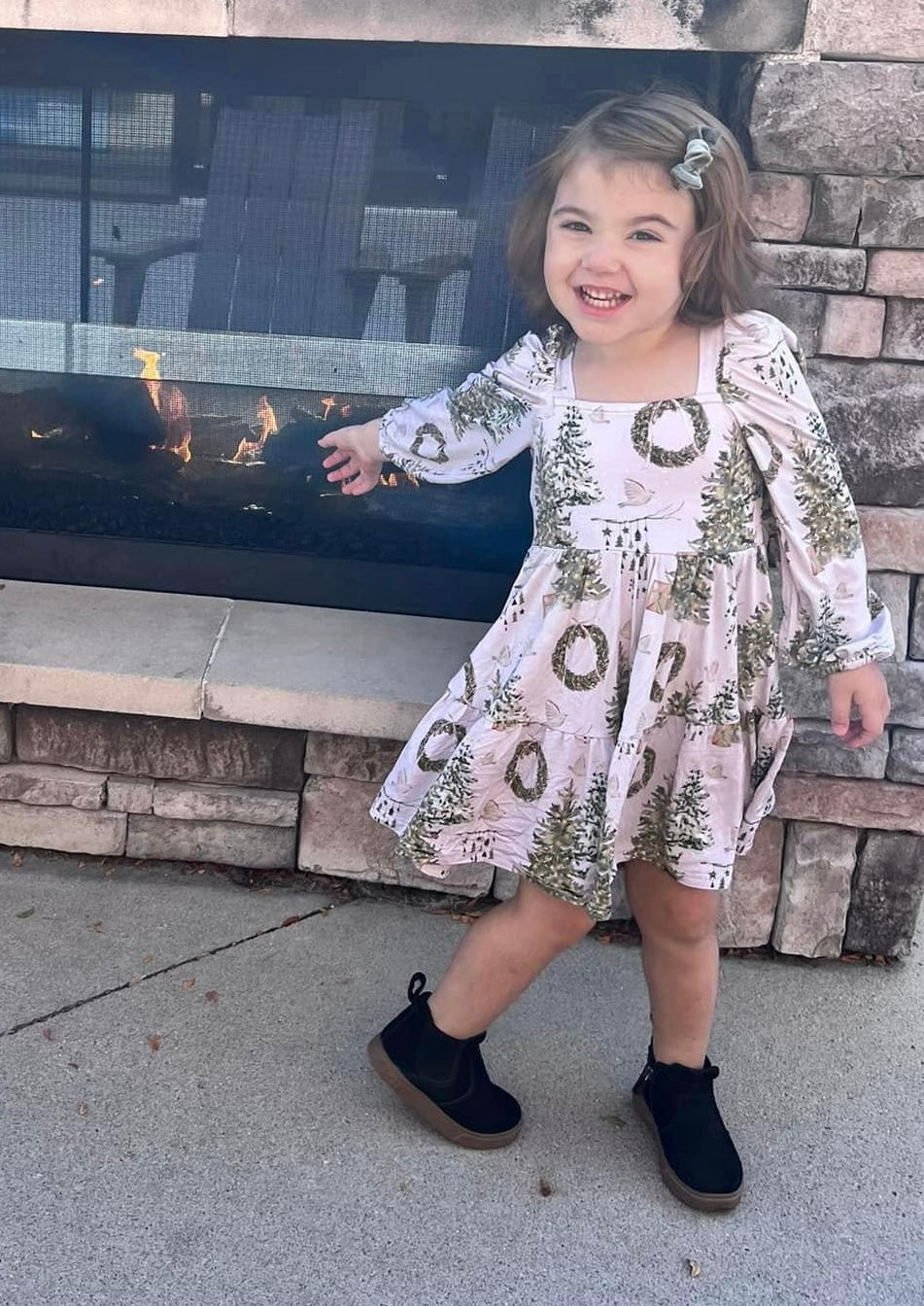 Soft Snow Puff Sleeve Twirl Dress